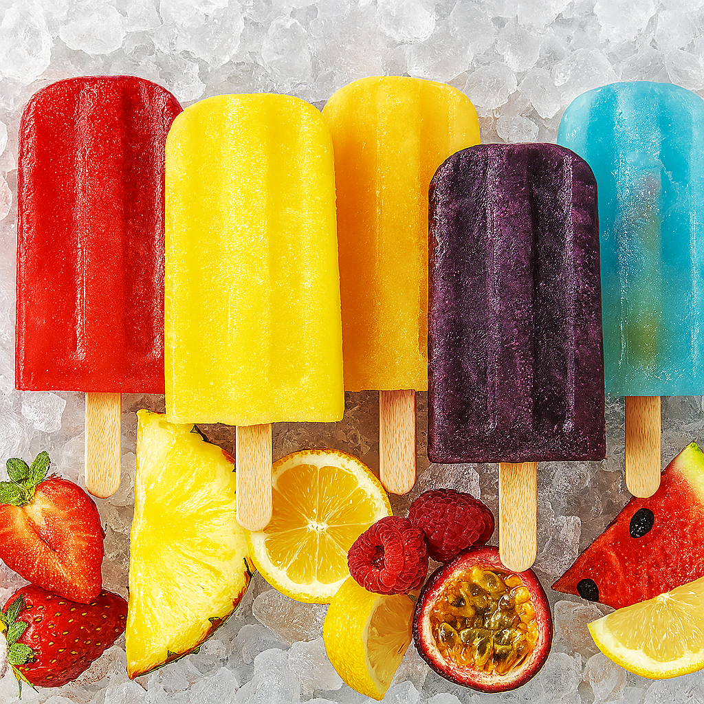 Colourful protein ice lollies inspired by Per4m Whey Hydrate, featuring vibrant fruit flavours and matching the colours of the clear whey protein tubs, displayed on ice with fresh fruit