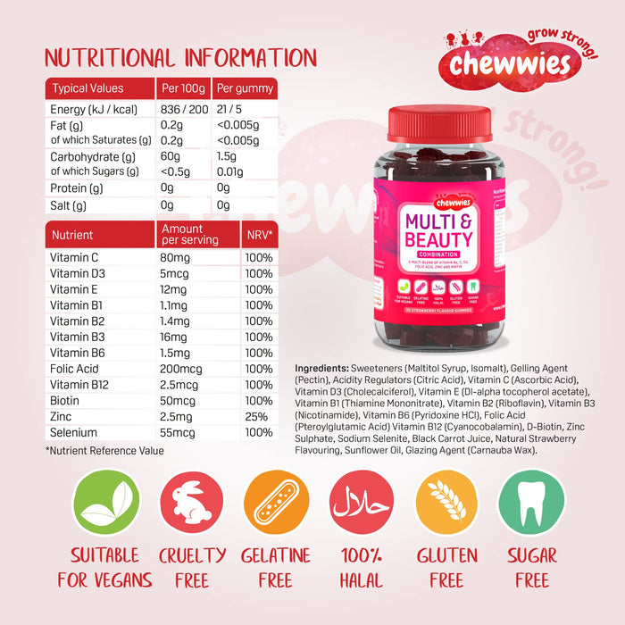 Chewwies Multi & Beauty, Strawberry - 30 gummies | High-Quality Sports Supplements | MySupplementShop.co.uk