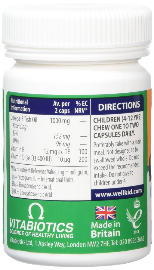 Vitabiotics WellKid Omega 3 Chewable Natural Jaffa Orange Flavour 4-12 Years Chewable 60 Capsules - Children at MySupplementShop by Vitabiotics