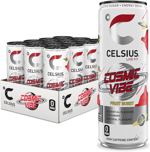Celsius Energy Drink Cosmic Vibe can showcasing refreshing fruit-forward flavor for a live fittm lifestyle