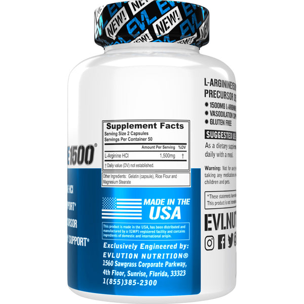 EVLution Nutrition L-Arginine 1500, 100 Capsules (50 Servings) - Amino Acids and BCAAs at MySupplementShop by EVLution Nutrition