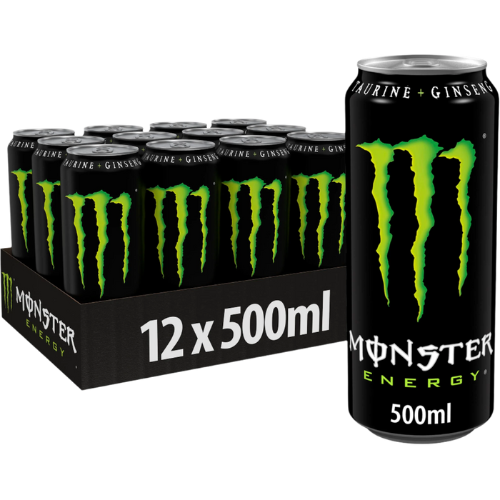 Monster Energy 12-pack with essential vitamins and maximum refreshment, one can displayed