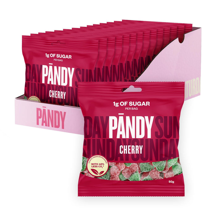 Cherry-flavored gummy candies with 1g sugar in PANDY Candy 14x50g packs, perfect for peach rings and fizzy bottles fans