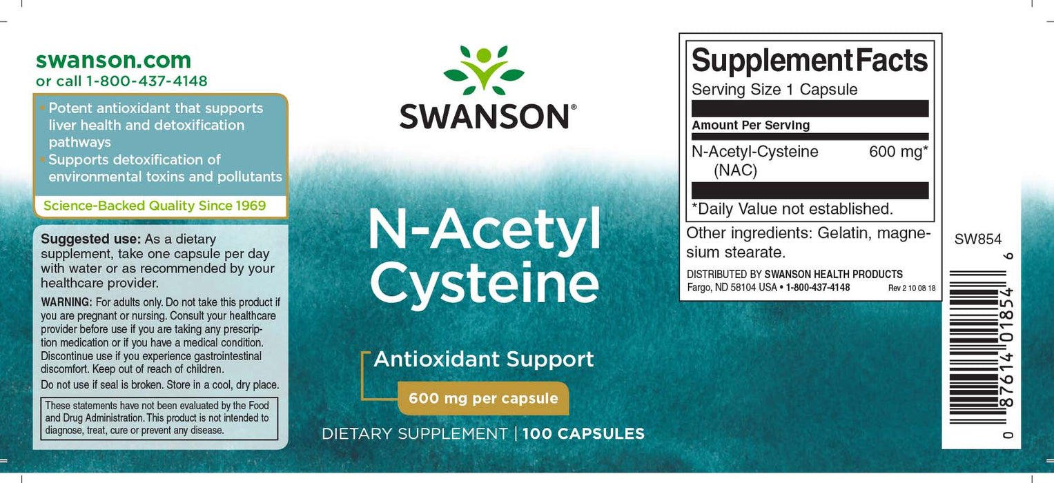 Swanson N-Acetyl Cysteine 600mg 100 Capsules - Amino Acids and BCAAs at MySupplementShop by Swanson