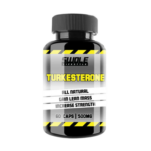 Supplement bottle labeled 'Turkesterone' with black and yellow design on a white background