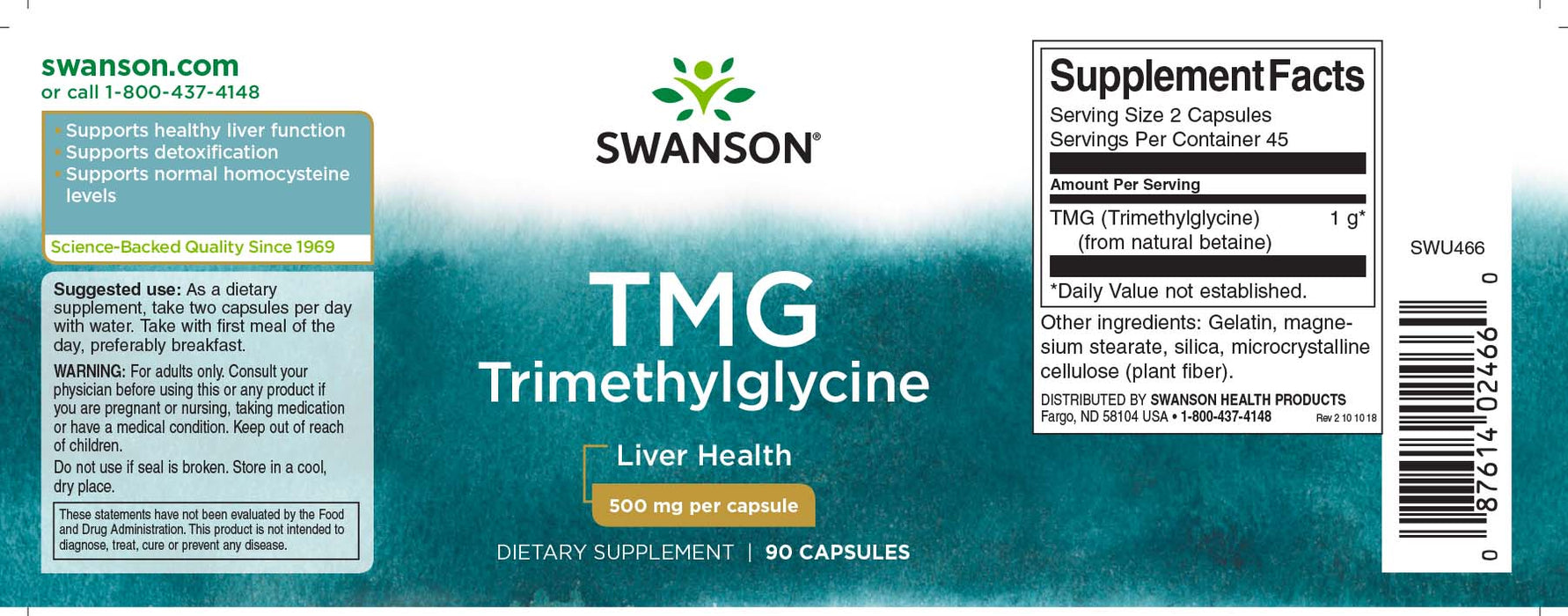 Swanson TMG (Trimethylglycine), 500mg - 90 caps