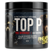 Pre-workout supplement container with branding and product details on a white background