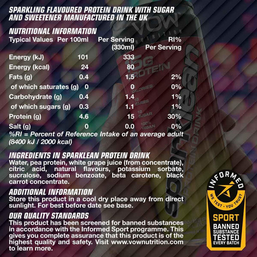 Black VOW Nutrition Sparklean Protein Drink can with nutritional info and ingredients