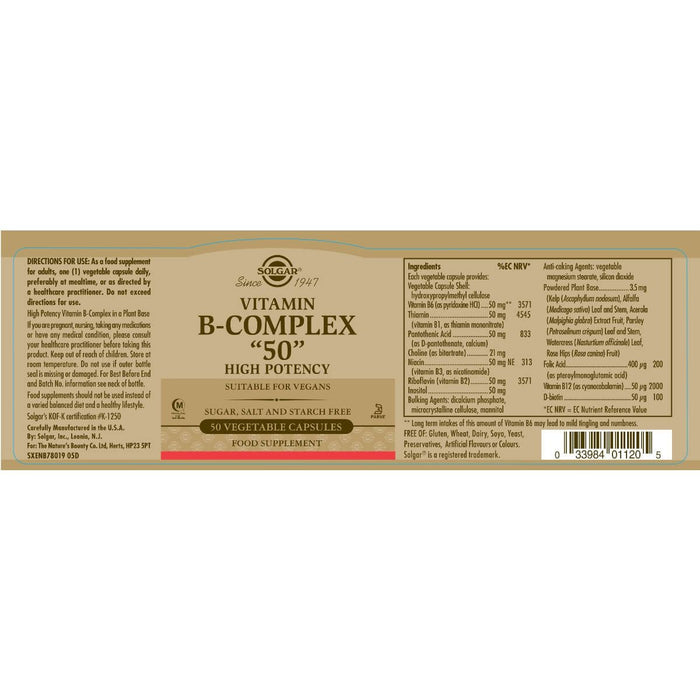 Solgar Vitamin B-Complex 50 High Potency Vegetable Capsules Pack of 50 at MySupplementShop.co.uk