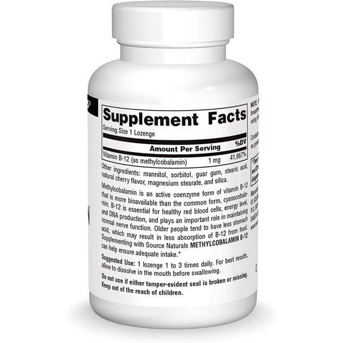 Source Naturals MethylCobalamin Vitamin B-12 1mg 60 Cherry Flavoured Lozenges | Premium Supplements at MYSUPPLEMENTSHOP