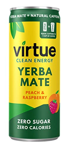 Virtue Yerba Mate - Natural Energy Drink - Sugar Free Zero Calories Vegan Keto Friendly Gluten Free (Peach & Raspberry 12 x 250ml) | High-Quality Energy Drinks | MySupplementShop.co.uk