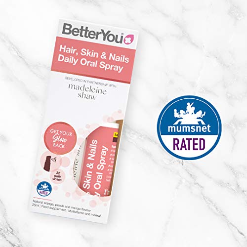 BetterYou Hair Skin & Nails Daily Oral Spray | Developed in Partnership with Madeleine Shaw | 25ml | Natural Orange Peach and Mango Flavour | Multivitamin and Mineral | High-Quality Combination Multivitamins & Minerals | MySupplementShop.co.uk