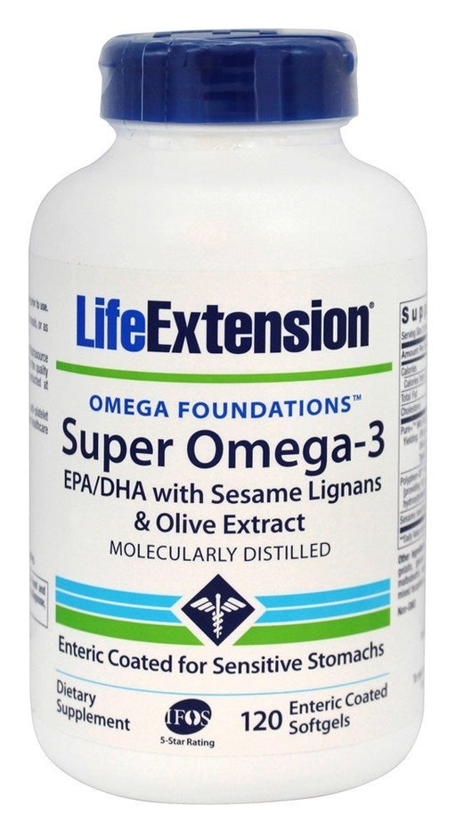 Life Extension Super Omega-3 EPA/DHA with Sesame Lignans & Olive Extract - 120 enteric coated softgels | High-Quality Omega-3 | MySupplementShop.co.uk