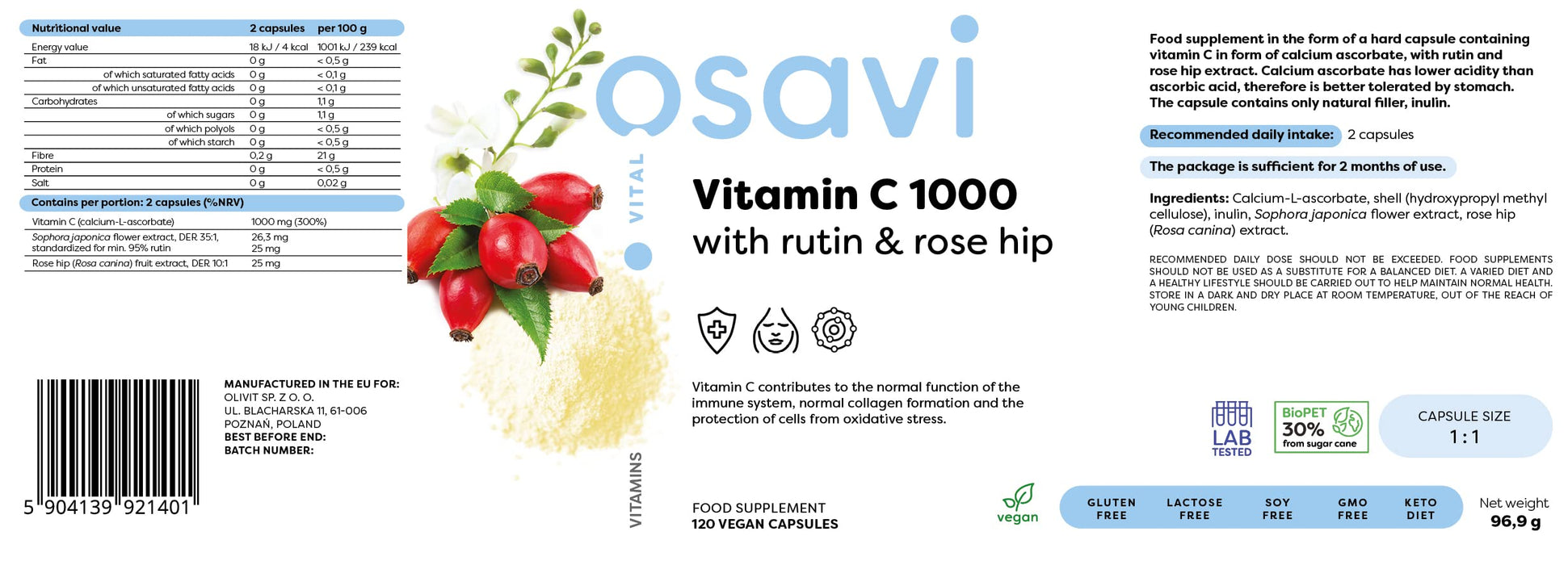 Osavi Vitamin C1000 with Rutin & Rose Hip - 120 vegan caps | High-Quality Vitamin C | MySupplementShop.co.uk