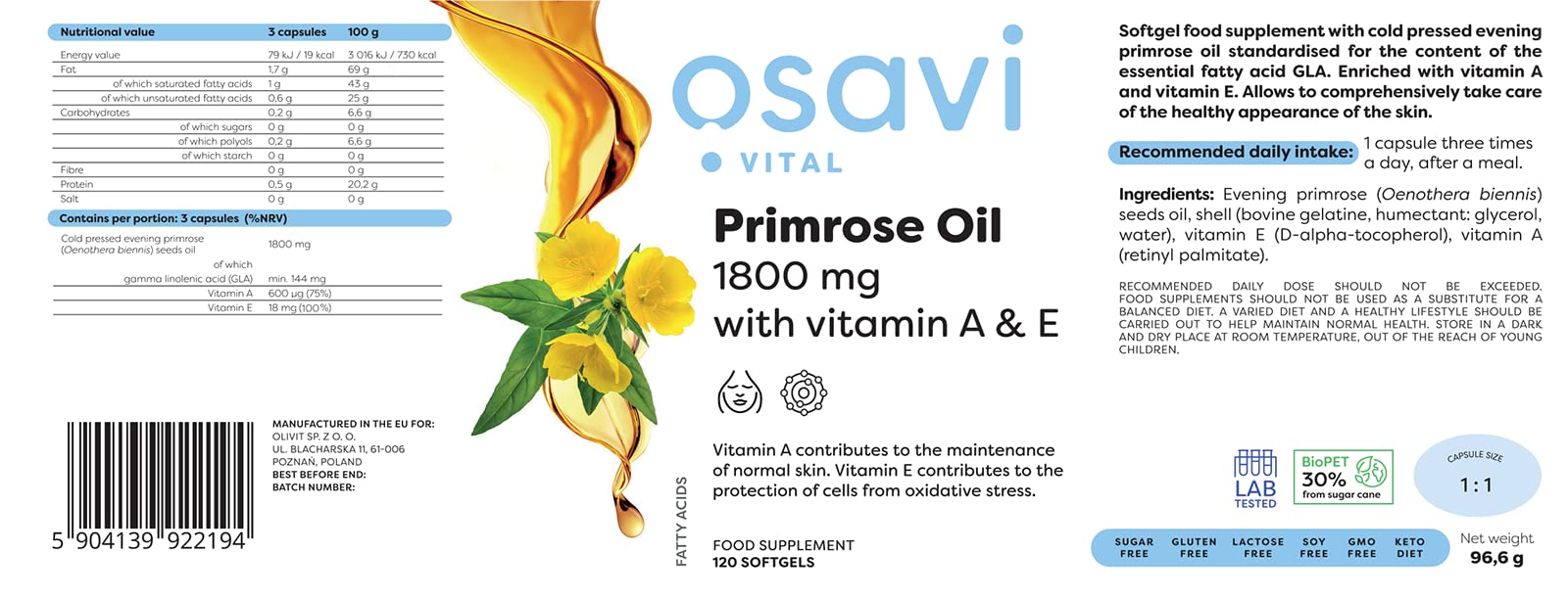 Osavi Primrose Oil with Vitamin A & E, 1800mg - 120 softgels | High-Quality Combination Multivitamins & Minerals | MySupplementShop.co.uk