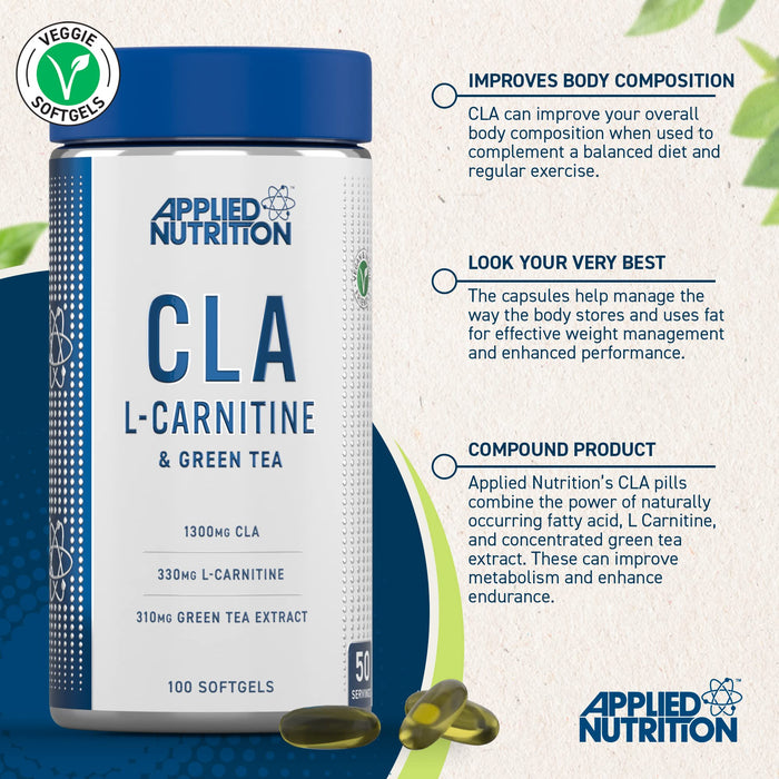 Applied Nutrition CLA L-Carnitine & Green Tea - 100 softgels | High-Quality Slimming and Weight Management | MySupplementShop.co.uk