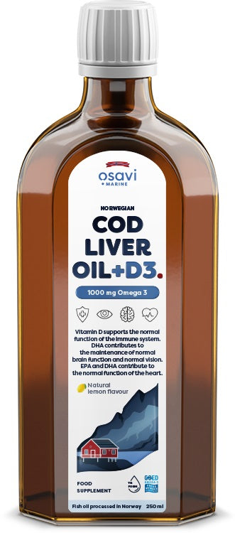 Osavi Norwegian Cod Liver Oil + D3, 1000mg Omega 3 (Lemon) - 250 ml. - Omega-3 at MySupplementShop by Osavi